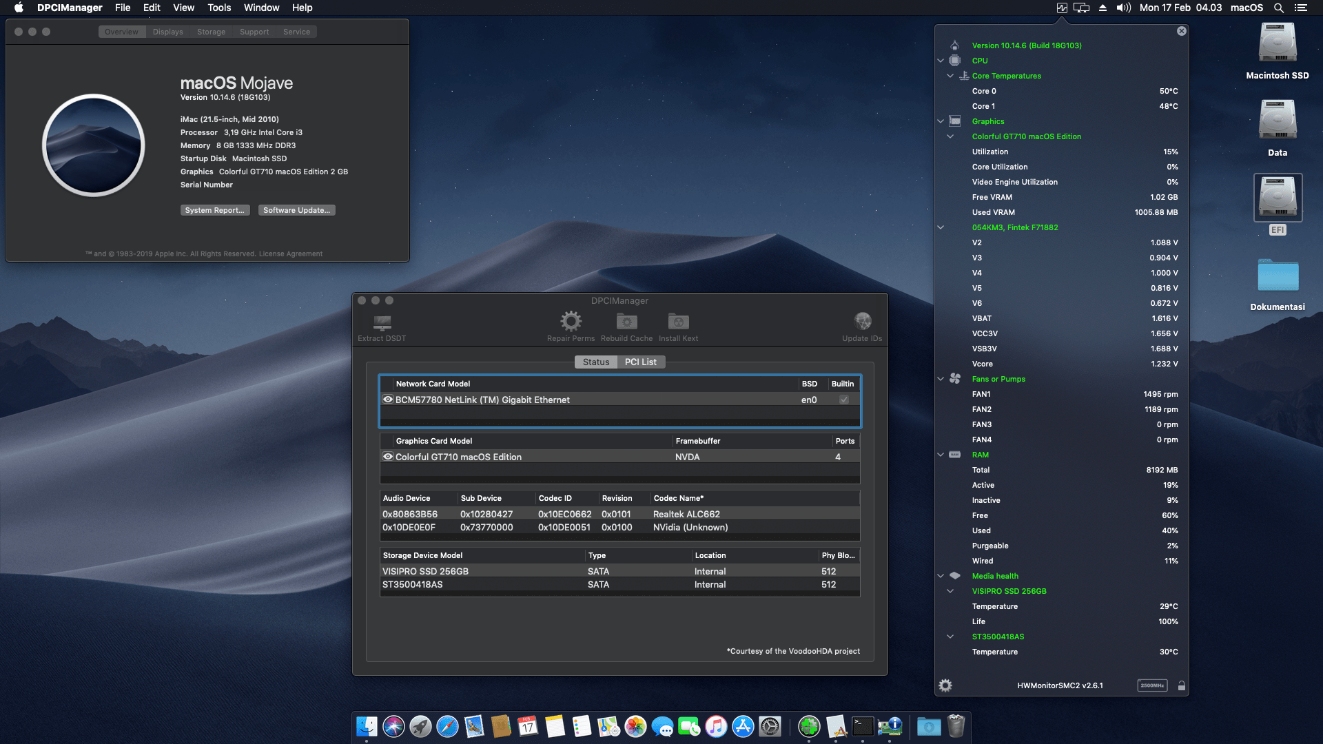 Success Hackintosh macOS Mojave 10.14.6 Build 18G103 in Dell Precision T1500 + Intel Core i3 550 + Colorful GT710